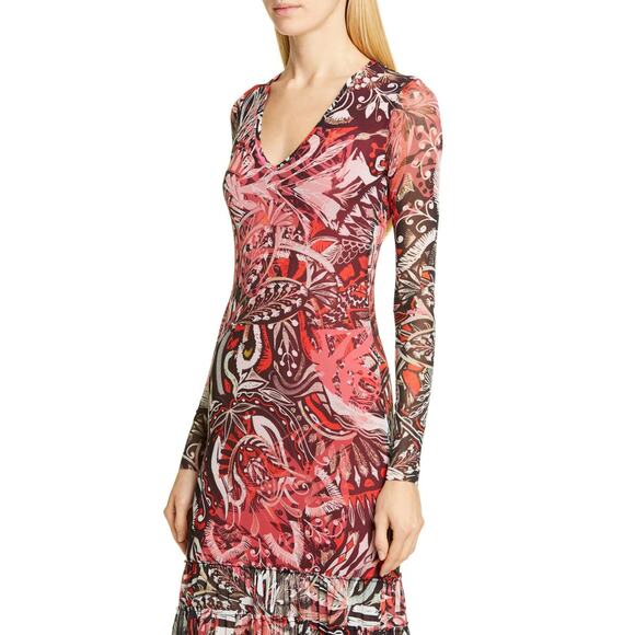 FUZZI Mystical Print Long Sleeve Midi Dress Ruby Red V-Neck Mesh Y2K 90s Sz S - Picture 2 of 11